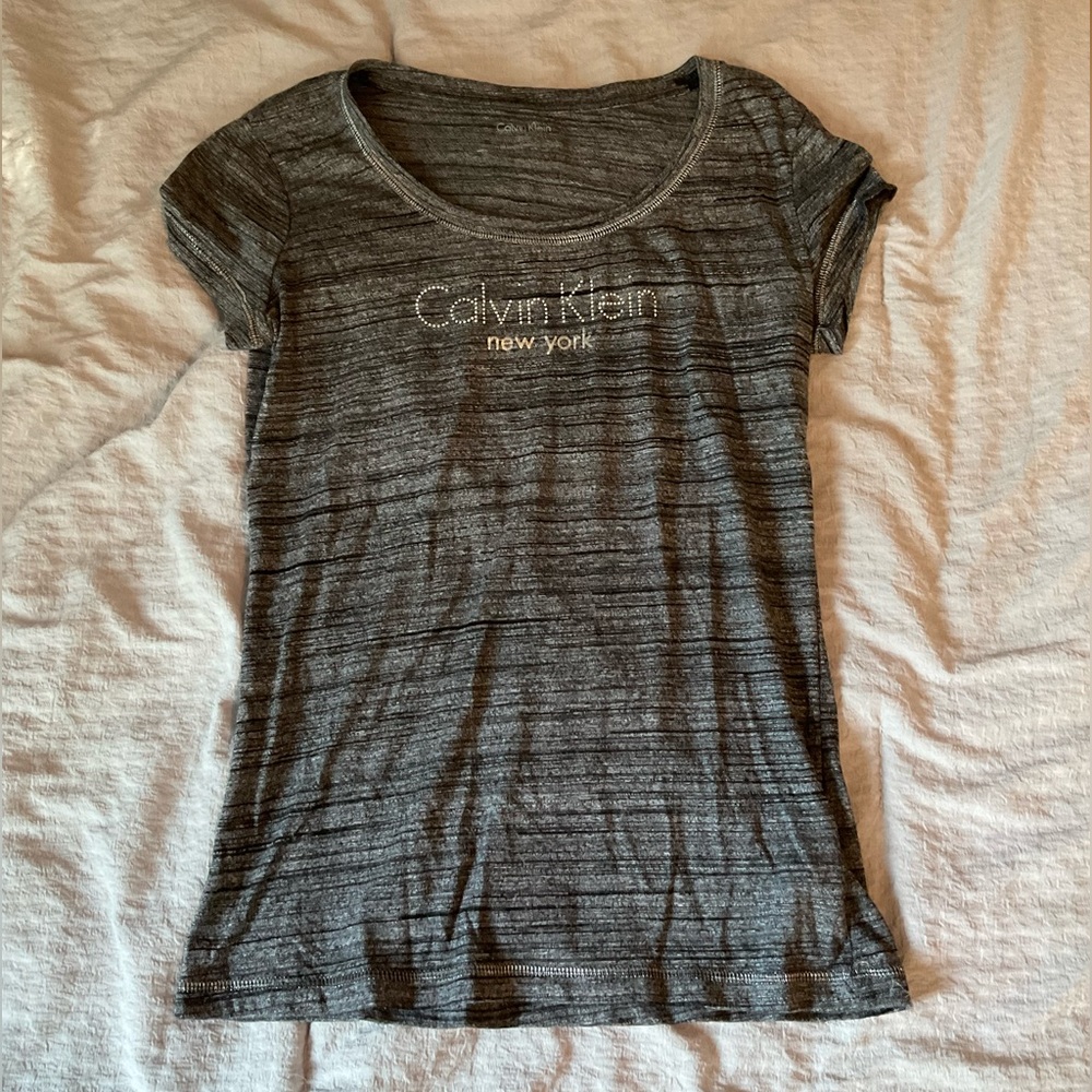 Calvin Klein Gray Scoop Neck Rhinestone Lettered Short Sleeve T-Shirt - Size XS